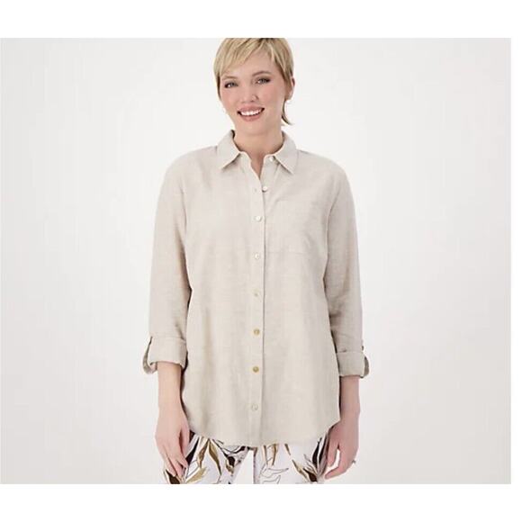 Susan Graver Tunic Medium Beachy Lagenlook Pure Linen Blend Rolltab Sleeve Beige - Picture 1 of 12